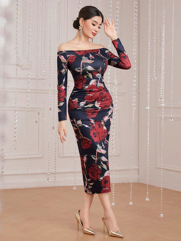 Modely Women'S Floral Print Off-Shoulder Slim Dress