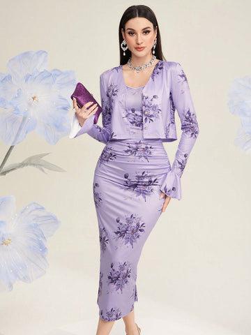 Women'S Floral Print Open-Front Jacket And Cami Dress Set