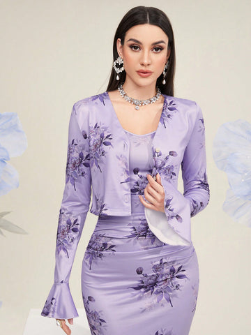 Women'S Floral Print Open-Front Jacket And Cami Dress Set