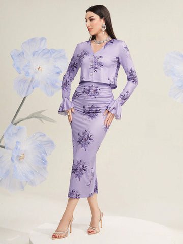 Women'S Floral Print Open-Front Jacket And Cami Dress Set
