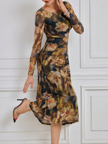 Modely Women'S Floral Print Pleated Dress