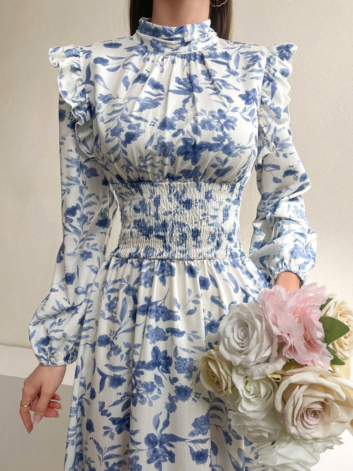 Modely Women'S Floral Printed Lantern Sleeve Dress With Ruffle Hem And Decorative Edge