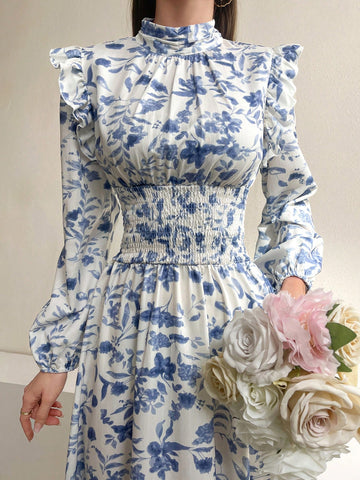 Modely Women'S Floral Printed Lantern Sleeve Dress With Ruffle Hem And Decorative Edge