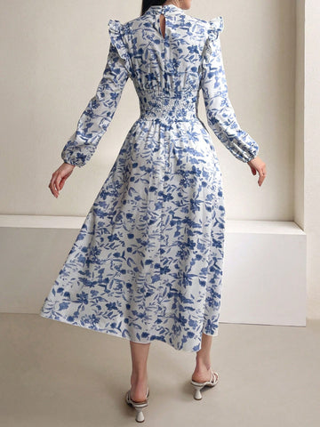 Modely Women'S Floral Printed Lantern Sleeve Dress With Ruffle Hem And Decorative Edge