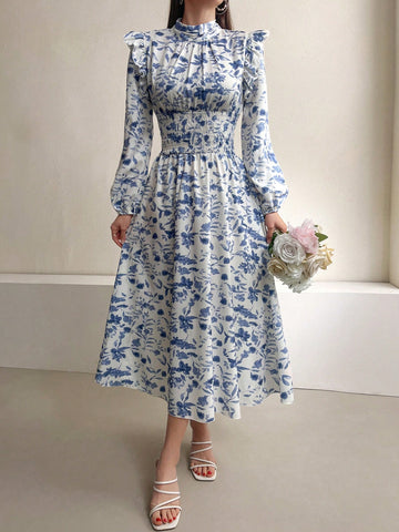 Modely Women'S Floral Printed Lantern Sleeve Dress With Ruffle Hem And Decorative Edge