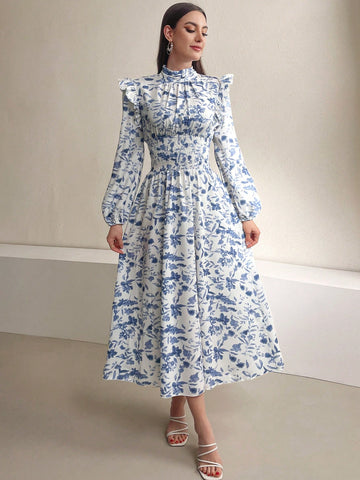 Modely Women'S Floral Printed Lantern Sleeve Dress With Ruffle Hem And Decorative Edge