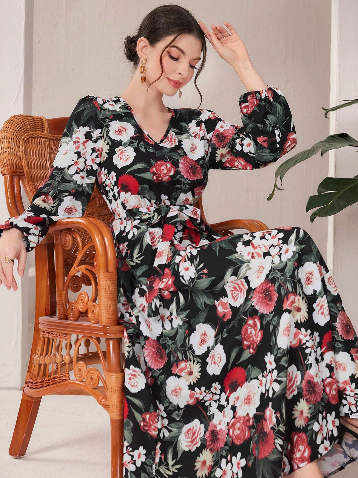 Women'S Floral Printed Lantern Sleeve Dress