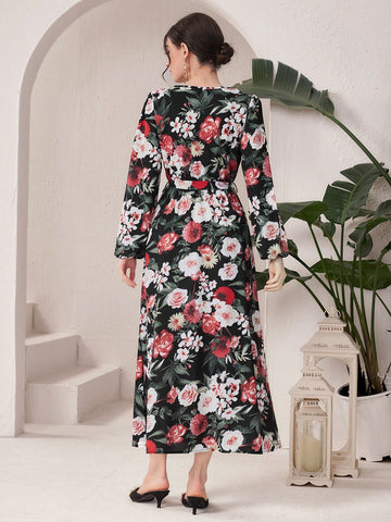 Women'S Floral Printed Lantern Sleeve Dress