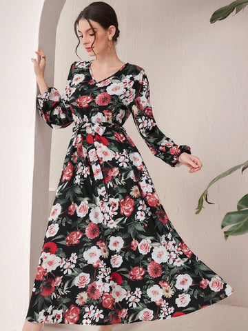 Women'S Floral Printed Lantern Sleeve Dress