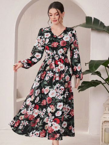 Women'S Floral Printed Lantern Sleeve Dress