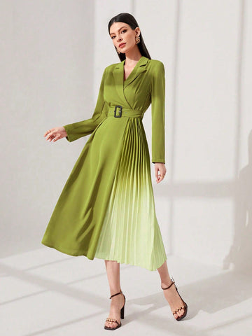 Women'S Gradient Color Pleated Hem Dress With Waist Belt