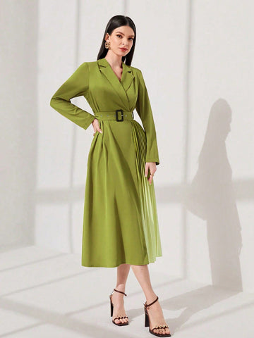 Women'S Gradient Color Pleated Hem Dress With Waist Belt