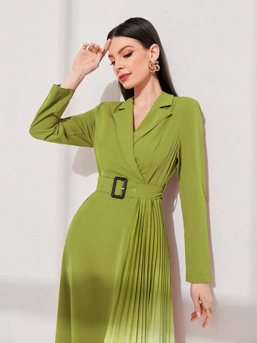 Women'S Gradient Color Pleated Hem Dress With Waist Belt