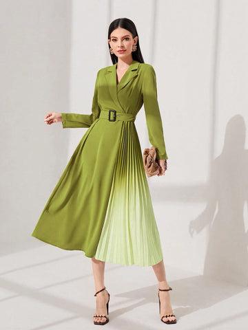 Women'S Gradient Color Pleated Hem Dress With Waist Belt