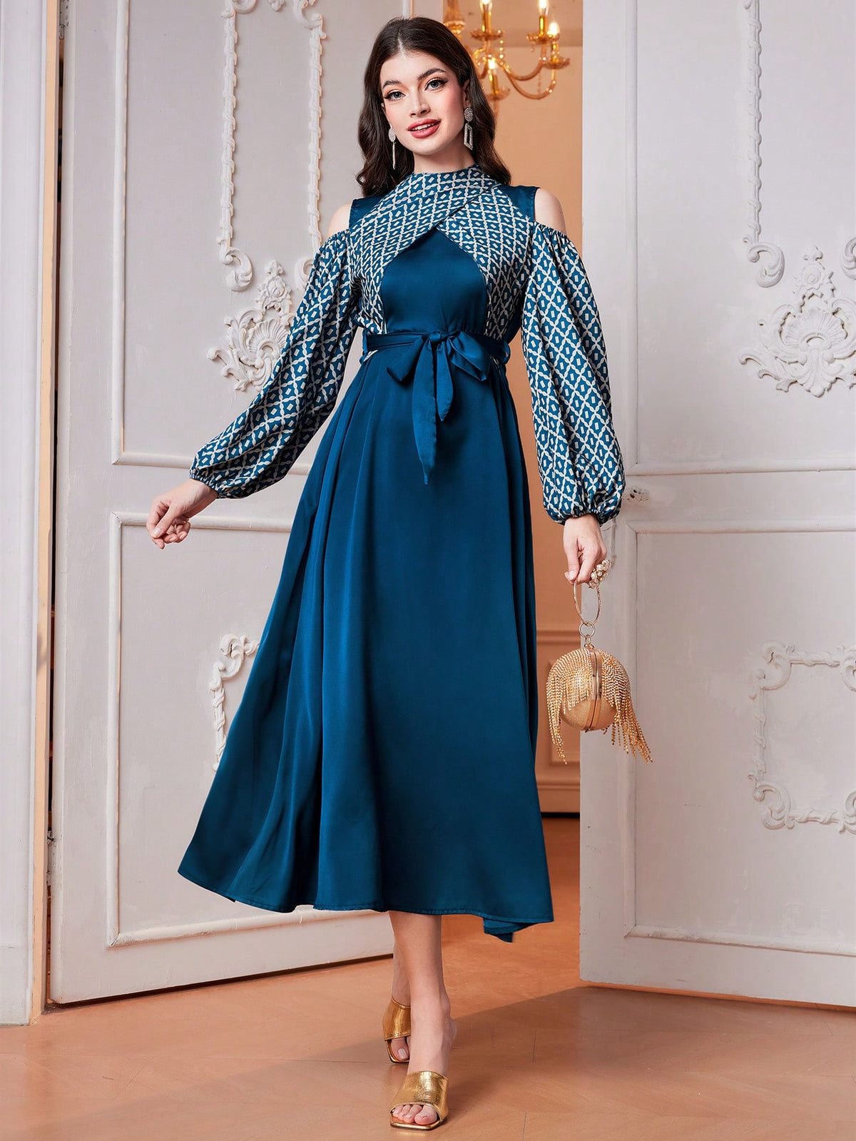 Women'S Lantern Sleeve Cold Shoulder Belted Patchwork Dress