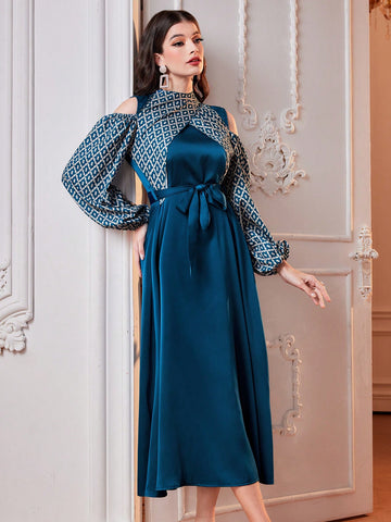Women'S Lantern Sleeve Cold Shoulder Belted Patchwork Dress