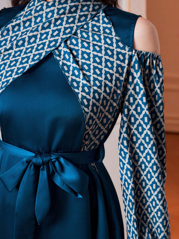 Women'S Lantern Sleeve Cold Shoulder Belted Patchwork Dress