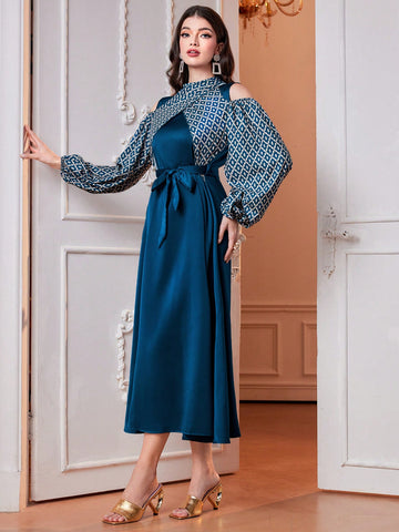 Women'S Lantern Sleeve Cold Shoulder Belted Patchwork Dress