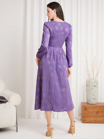 Women'S Lantern Sleeve Dress With Gold-Printed Floral Pattern