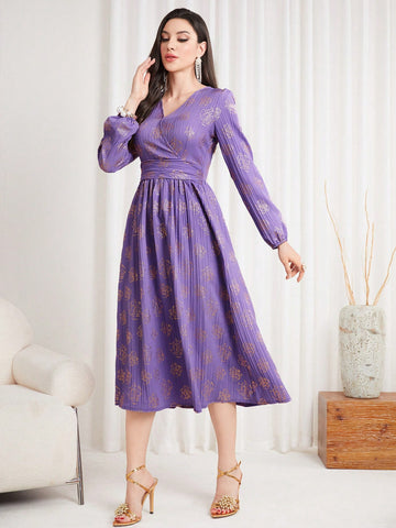 Women'S Lantern Sleeve Dress With Gold-Printed Floral Pattern