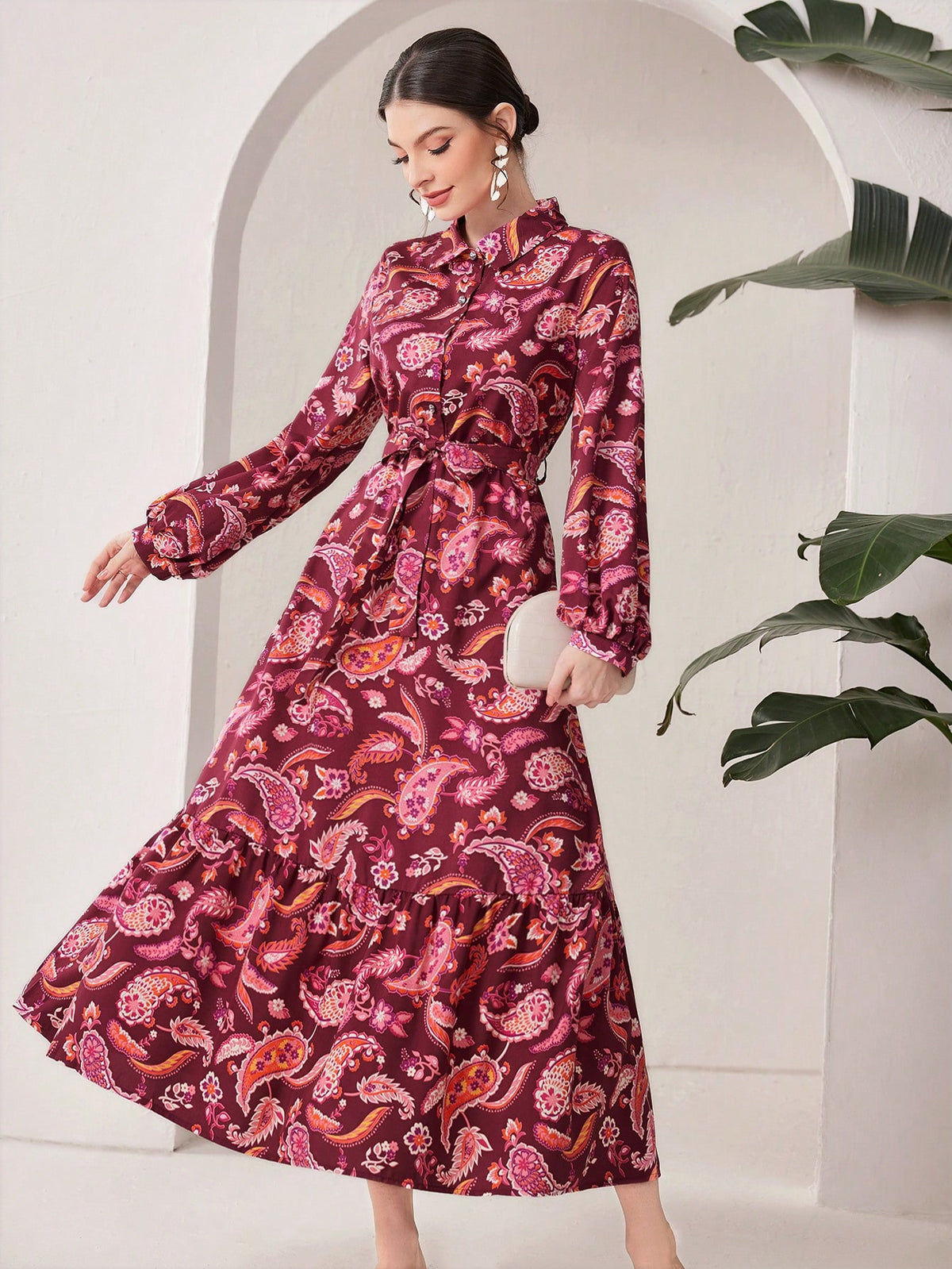 Women'S Lantern Sleeve Dress With Paisley Print