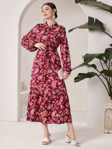 Women'S Lantern Sleeve Dress With Paisley Print
