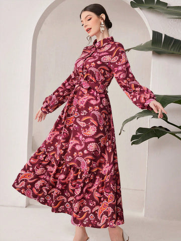 Women'S Lantern Sleeve Dress With Paisley Print