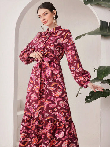 Women'S Lantern Sleeve Dress With Paisley Print