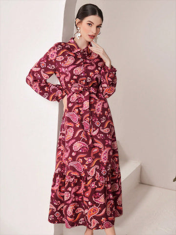 Women'S Lantern Sleeve Dress With Paisley Print