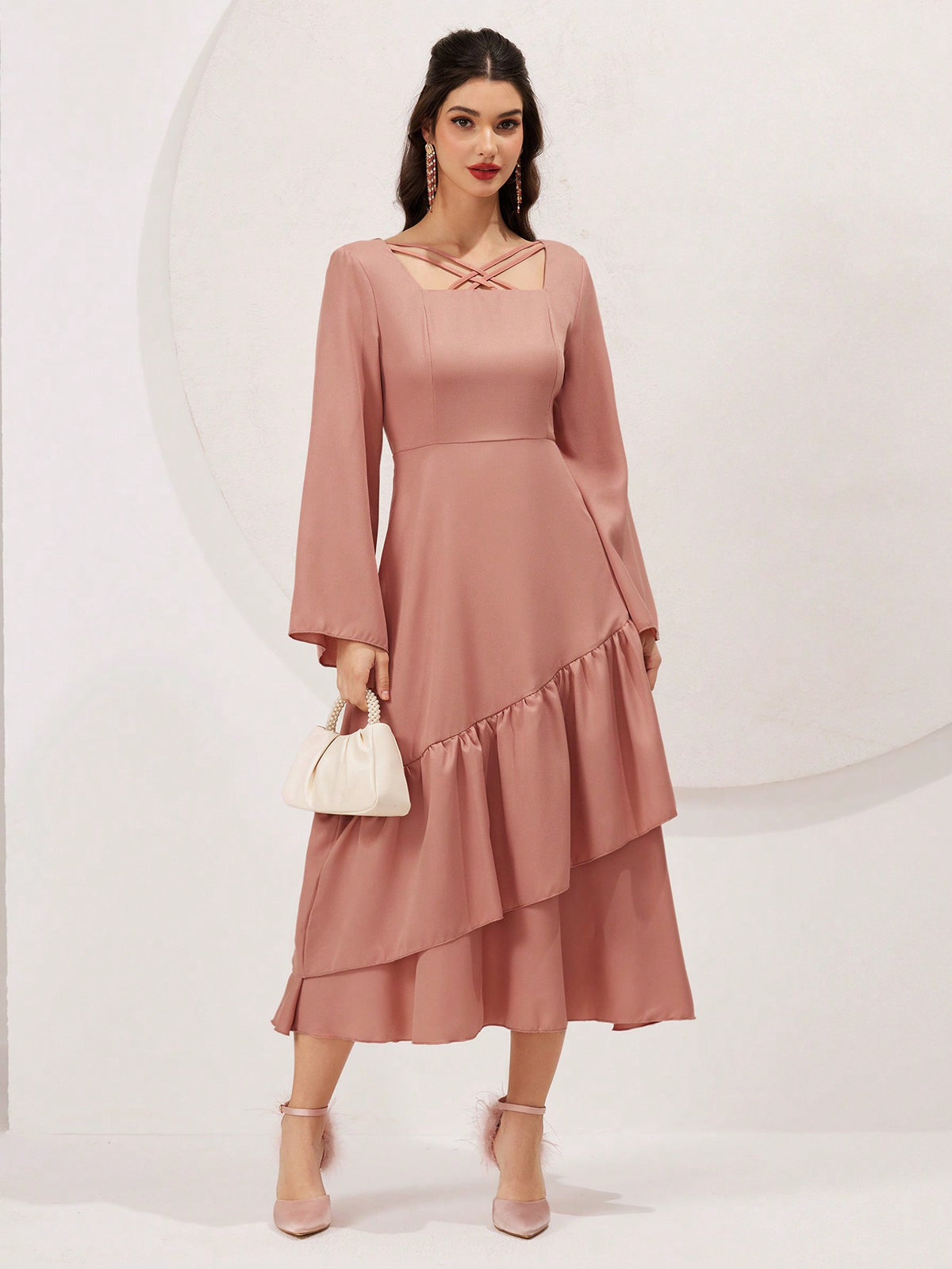 Women'S Long Sleeve Square Neckline Crossover Detail Dress