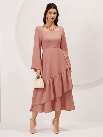Women'S Long Sleeve Square Neckline Crossover Detail Dress