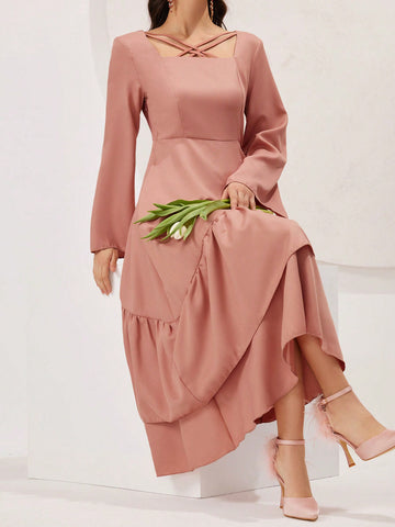 Women'S Long Sleeve Square Neckline Crossover Detail Dress