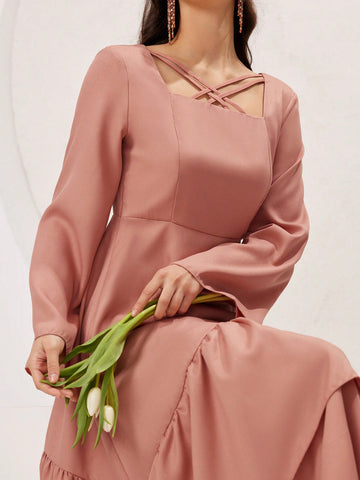 Women'S Long Sleeve Square Neckline Crossover Detail Dress