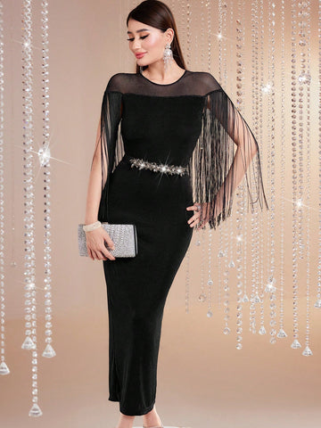 Modely Women'S Patchwork Mesh Fringe Dress