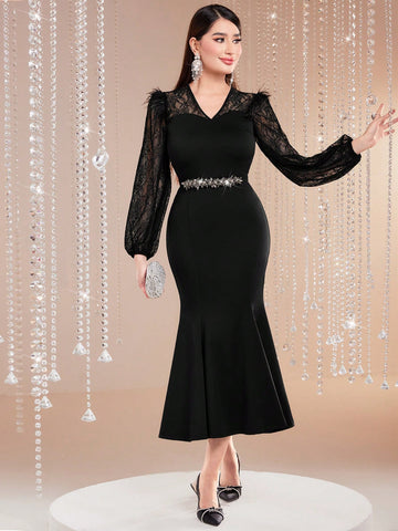 Modely Women'S Patchwork Ostrich Feather Lace Mermaid Hem Bodycon Dress