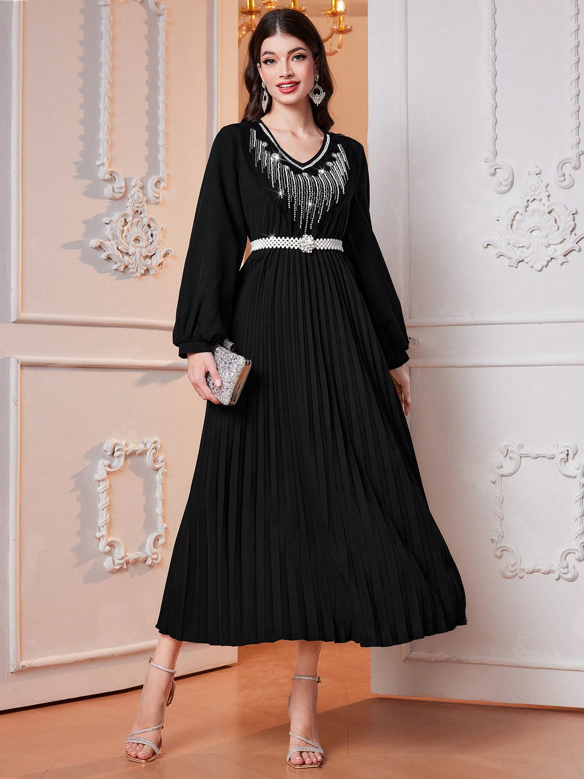 Women'S Sequin Pearl Pleated Hem Dress