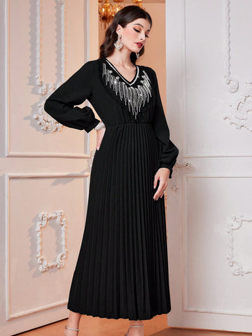 Women'S Sequin Pearl Pleated Hem Dress