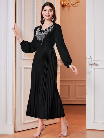 Women'S Sequin Pearl Pleated Hem Dress