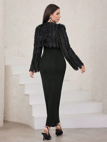 Women'S Solid Color Slim Fit Dress And Plush Waistcoat Two-Piece Set