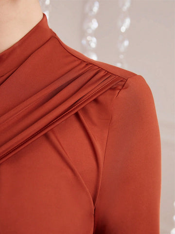 Modely Women'S Solid Color Stand Collar Pleated Slim Dress