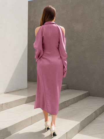 Women'S Solid Color V-Neck Off-Shoulder Neckline Slit Dress