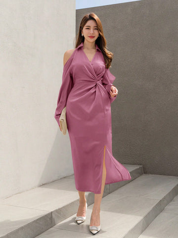 Women'S Solid Color V-Neck Off-Shoulder Neckline Slit Dress