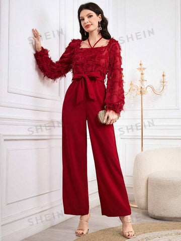 Women'S Square Neck Lantern Sleeve Jumpsuit With Waist Belt