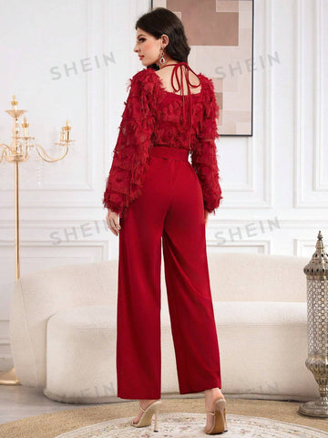 Women'S Square Neck Lantern Sleeve Jumpsuit With Waist Belt