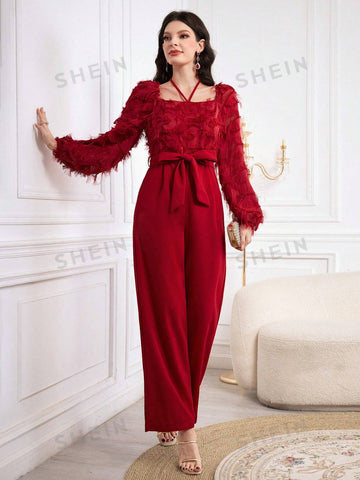 Women'S Square Neck Lantern Sleeve Jumpsuit With Waist Belt