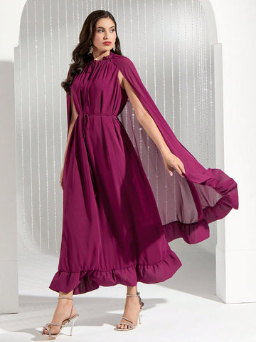 Modely Women'S Tie Neck Cape Dress With Flounce Hem