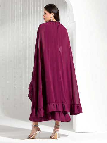 Modely Women'S Tie Neck Cape Dress With Flounce Hem