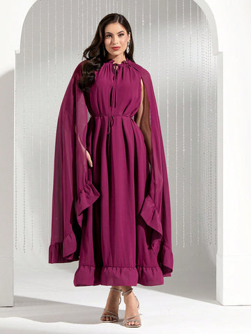 Modely Women'S Tie Neck Cape Dress With Flounce Hem
