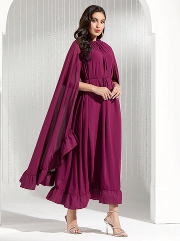 Modely Women'S Tie Neck Cape Dress With Flounce Hem