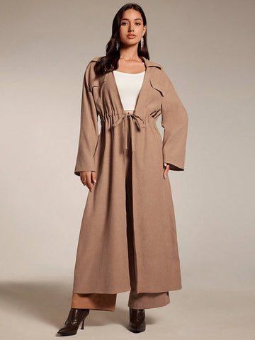 Women 2pcs Set Solid Color Tie Waist Long Sleeve Top And Pants, Elegant